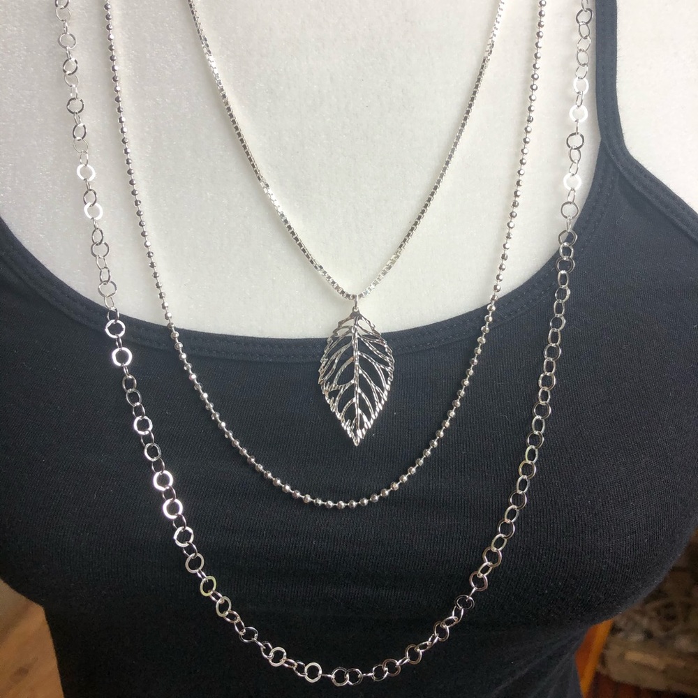 Sterling Silver Triple Chain Leaf Necklace